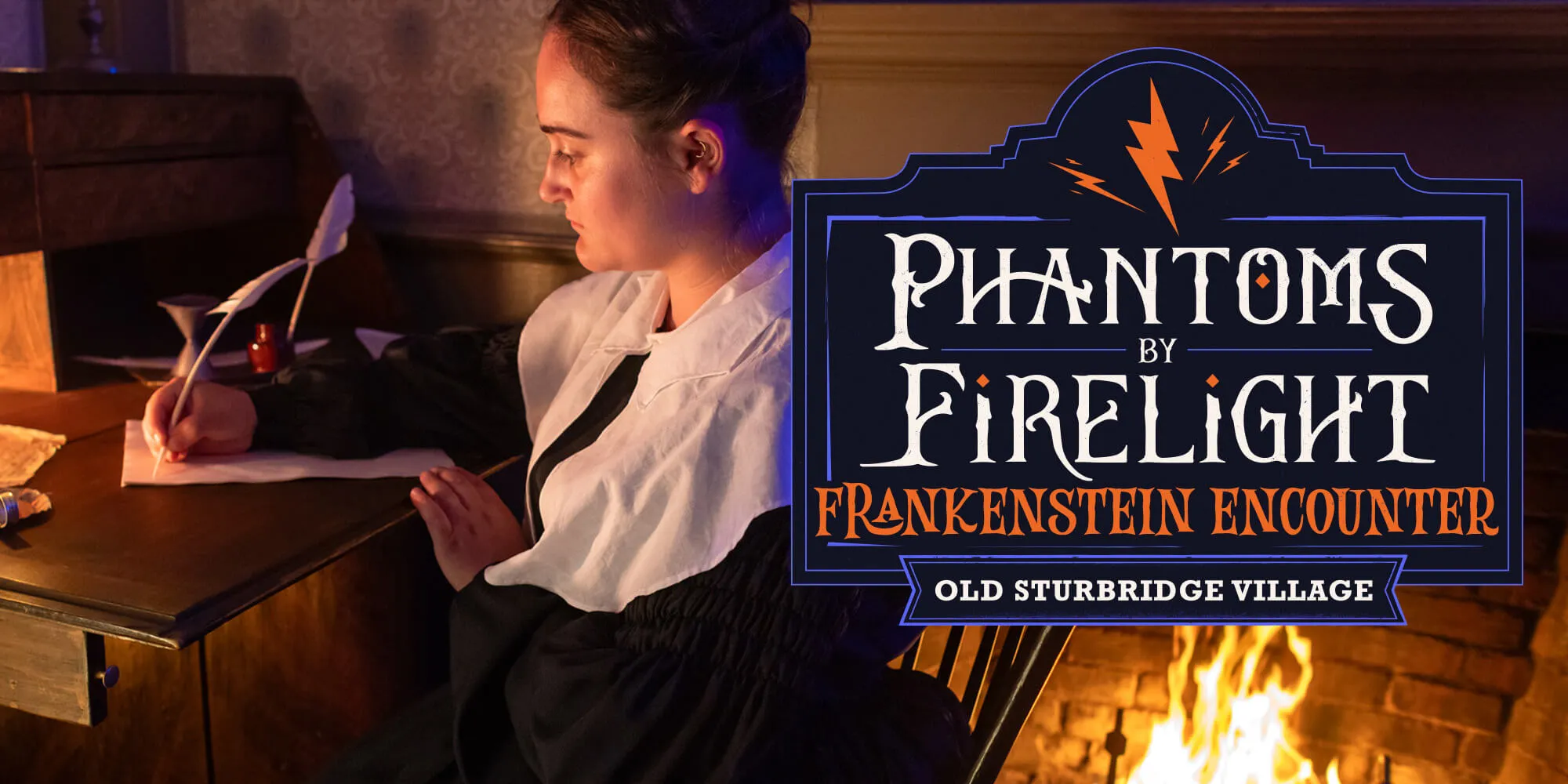 A woman writes by candlelight with Phantoms by Firelight: Frankenstein Encounter logo overlaid on image